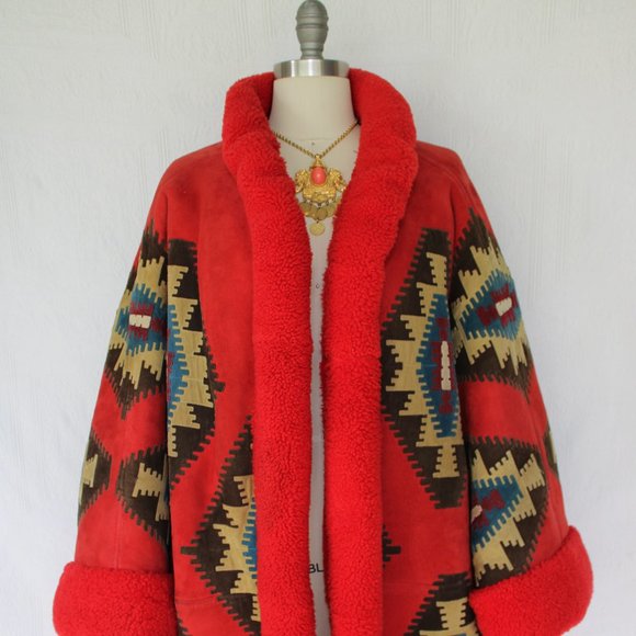 Vintage Valentino Boutique Shearling leather suede Aztec Tribal jacket coat - Picture 8 of 13
